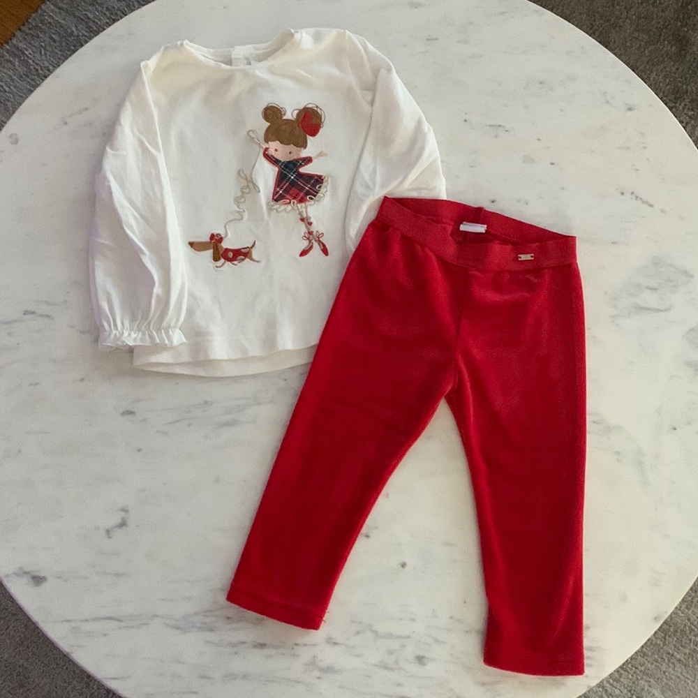 Mayoral Girls Holiday pants outfit (“girl with dog”) tartan dress